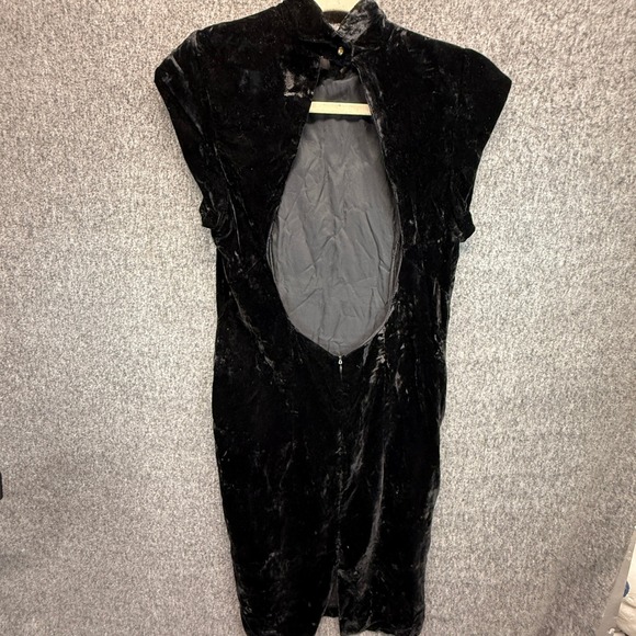 Crushed Velvet Dress Womens Small Medium Black Mock Neck Stretch LBD y2k - Picture 6 of 12